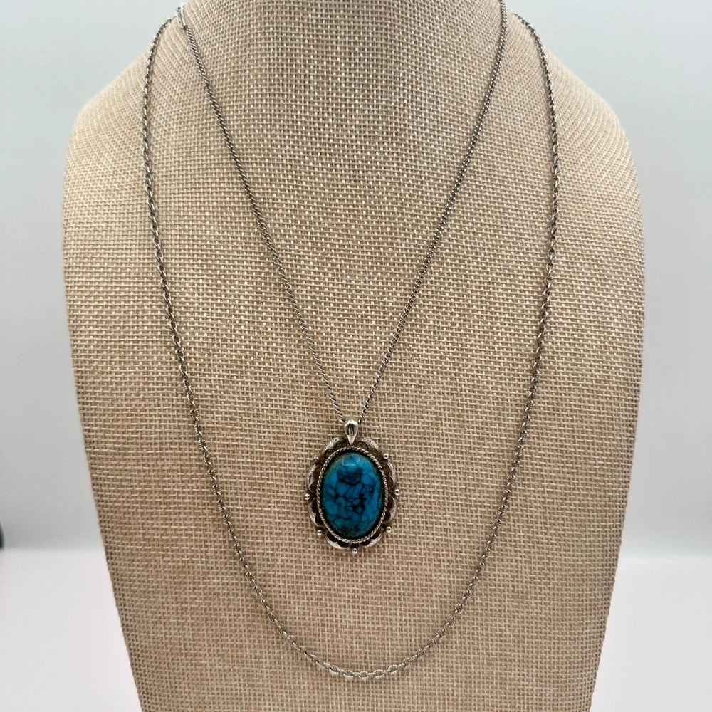 Vintage 90s Silver Tone Turquoise Matrix Filigree Pendant Necklace